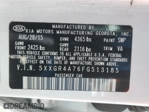 2015 Kia Optima SX z VIN 5XXGR4A76FG513185, wystawiony jako Copart lot #57395515 z przebiegiem 186 183 mil mil oraz Czysty tytuł • Clean title. Historia ofert i sprzedaży dostępna na DreamBid. Obrazek 12.