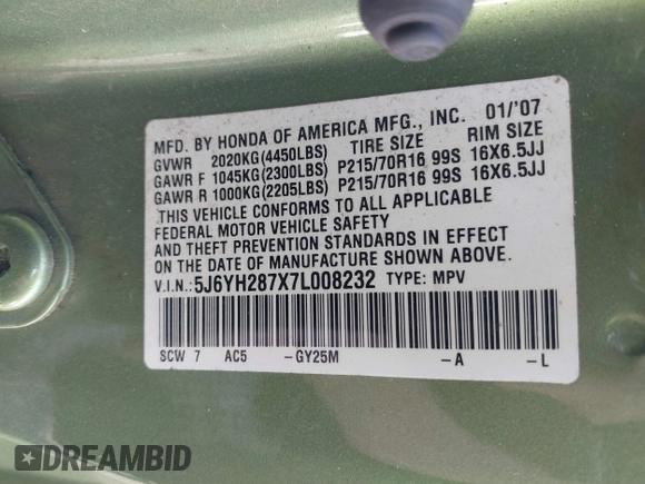 2007 Honda Element EX with VIN 5J6YH287X7L008232, listed as a IAAI auction lot 41891884 with 281,198 mi miles and . Bid and sale history available at DreamBid. Image 9.
