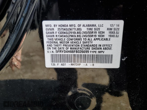 2015 Acura MDX Advance/Entertainment Pkg with VIN 5FRYD4H88FB026699, listed as a Copart auction lot 46466375 with 93,356 mi miles and Salvage Title. Bid and sale history available at carsss.com. Image 15.