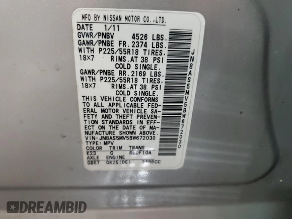 2011 Nissan Rogue S z VIN JN8AS5MV5BW672030, wystawiony jako Copart lot #55391725 z przebiegiem 86 215 mil mil oraz Szkoda całkowita • Salvage title. Historia ofert i sprzedaży dostępna na DreamBid. Obrazek 13.