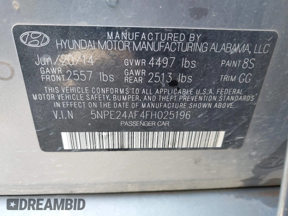 2015 Hyundai Sonata 2.4L SE with VIN 5NPE24AF4FH025196, listed as a IAAI auction lot 42158988 with 124,496 mi miles. Bid and sale history available at carsss.com. Image 9.