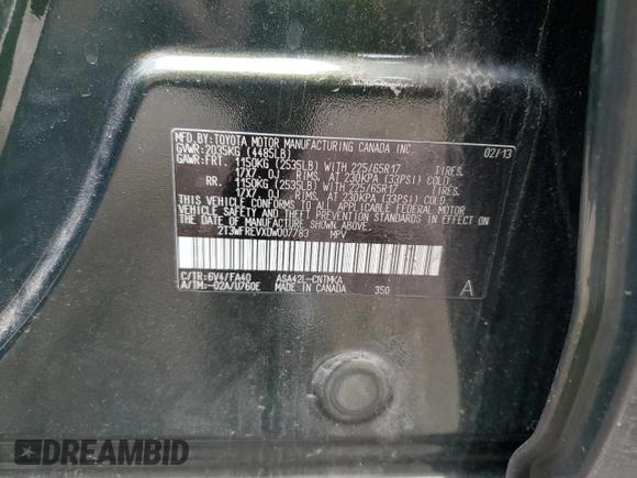 2013 Toyota RAV4 XLE z VIN 2T3WFREVXDW007783, wystawiony jako Copart lot #55922885 z przebiegiem Nie podano mil oraz Szkoda całkowita • Salvage title. Historia ofert i sprzedaży dostępna na DreamBid. Obrazek 14.
