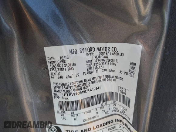 2014 Ford F-150 XL with VIN 1FTEW1CM9EFA19241, listed as a IAAI auction lot 42310150 with 139,041 mi miles and . Bid and sale history available at DreamBid. Image 9.