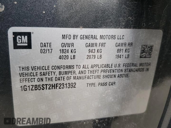 2017 Chevrolet Malibu LS with VIN 1G1ZB5ST2HF231392, listed as a Copart auction lot 49700975 with 69,921 mi miles and Salvage Title. Bid and sale history available at DreamBid. Image 12.