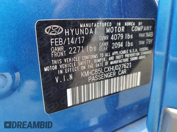 2017 Hyundai Ioniq Limited with VIN KMHC85LCXHU027621, listed as a Copart auction lot 54475795 with 125,470 mi miles and Salvage Title. Bid and sale history available at DreamBid. Image 12.
