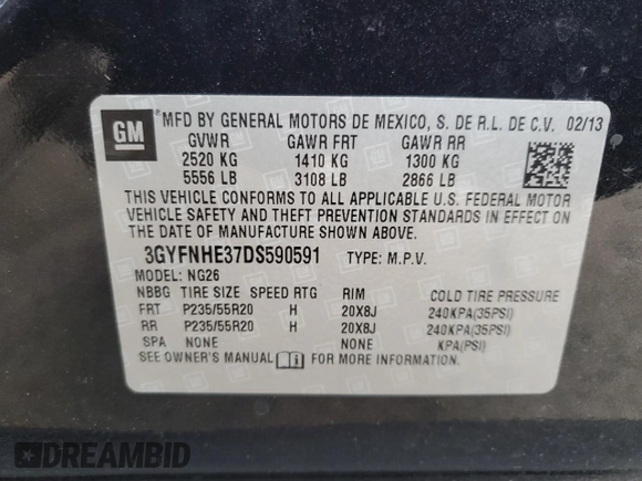 2013 Cadillac SRX Performance Collection with VIN 3GYFNHE37DS590591, listed as a Copart auction lot 47113005 with 150,202 mi miles and Clean Title. Bid and sale history available at carsss.com. Image 13.