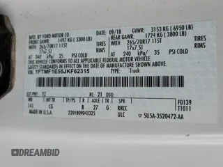 2018 Ford F-150 XL z VIN 1FTMF1E55JKF62315, wystawiony jako Copart lot #51611855 z przebiegiem Nie podano mil oraz Szkoda całkowita • Salvage title. Historia ofert i sprzedaży dostępna na DreamBid. Obrazek 13.