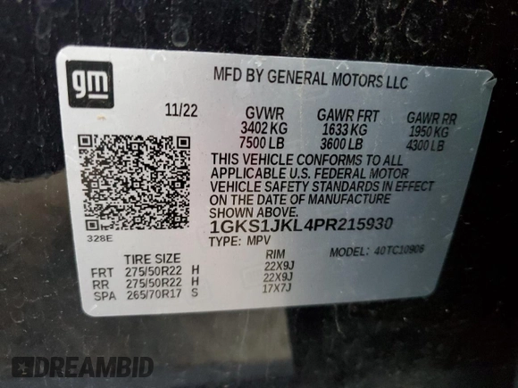 2023 GMC Yukon XL Denali with VIN 1GKS1JKL4PR215930, listed as a Copart auction lot 43771215 with 73,769 mi miles and Clean Title. Bid and sale history available at carsss.com. Image 13.