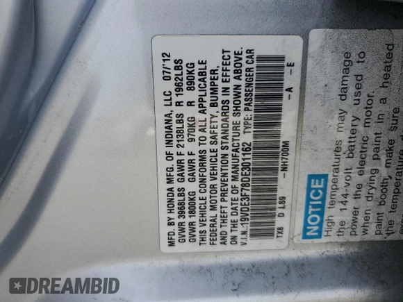 2013 Acura ILX Hybrid Technology with VIN 19VDE3F78DE301162, listed as a Copart auction lot 49746195 with 92,399 mi miles and Salvage Title. Bid and sale history available at DreamBid. Image 13.