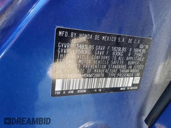 2019 Honda Fit LX with VIN 3HGGK5H45KM728878, listed as a Copart auction lot 57630825 with 94,154 mi miles and Salvage title. Bid and sale history available at DreamBid. Image 13.