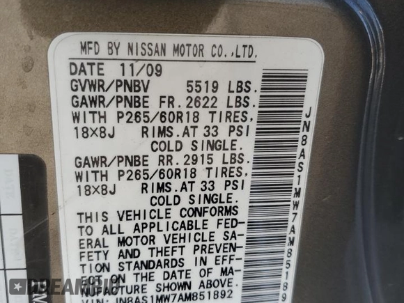 2010 Infiniti FX with VIN JN8AS1MW7AM851892, listed as a Copart auction lot 64990275 with 125,266 mi miles and Salvage title. Bid and sale history available at DreamBid. Image 13.