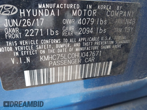 2017 Hyundai Ioniq SEL with VIN KMHC75LC0HU047671, listed as a IAAI auction lot 42404401 with 88,696 mi miles and . Bid and sale history available at DreamBid. Image 9.