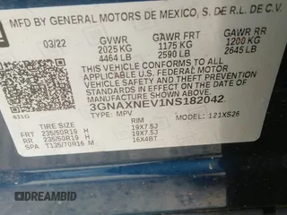 2022 Chevrolet Equinox Premier z VIN 3GNAXNEV1NS182042, wystawiony jako IAAI lot #42340232 z przebiegiem 26 052 mil mil oraz . Historia ofert i sprzedaży dostępna na DreamBid. Obrazek 9.