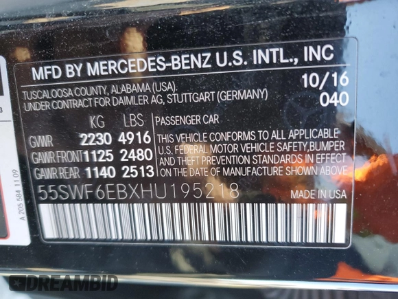 2017 Mercedes-Benz C 43 AMG with VIN 55SWF6EBXHU195218, listed as a Copart auction lot 41504645 with 97,108 mi miles and Salvage Title. Bid and sale history available at DreamBid. Image 12.