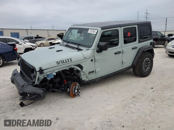 2024 Jeep Wrangler Willys с VIN 1C4RJXDG4RW266071, выставлен на аукционе Copart как лот 73152464 с пробегом 349 миль миль и Списание • Salvage title. История ставок и продаж доступна на DreamBid. Изображение 1.