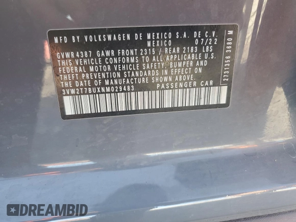 2022 Volkswagen Jetta GLI Autobahn with VIN 3VW2T7BUXNM029483, listed as a Copart auction lot 80657614 with 37,545 mi miles and Salvage title. Bid and sale history available at DreamBid. Image 14.