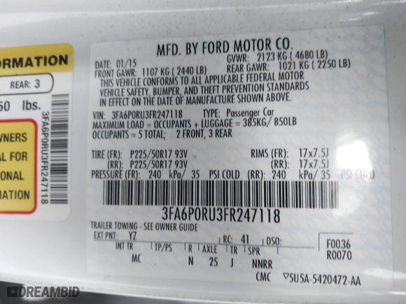 2015 Ford Fusion Titanium Hybrid with VIN 3FA6P0RU3FR247118, listed as a IAAI auction lot 41210219 with 143,348 mi miles. Bid and sale history available at carsss.com. Image 9.