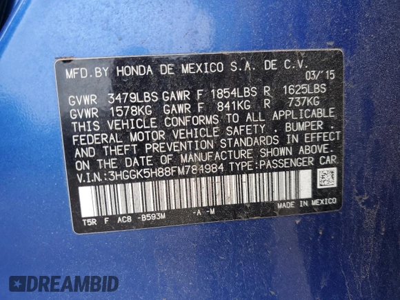 2015 Honda Fit EX-L with VIN 3HGGK5H88FM784984, listed as a Copart auction lot 61586085 with 123,394 mi miles and Salvage title. Bid and sale history available at DreamBid. Image 12.