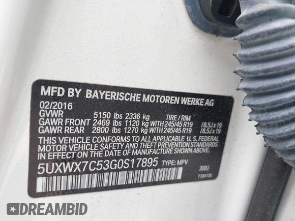 2016 BMW X3 xDrive35i z VIN 5UXWX7C53G0S17895, wystawiony jako IAAI lot #42316628 z przebiegiem 113 914 mil mil oraz . Historia ofert i sprzedaży dostępna na DreamBid. Obrazek 9.