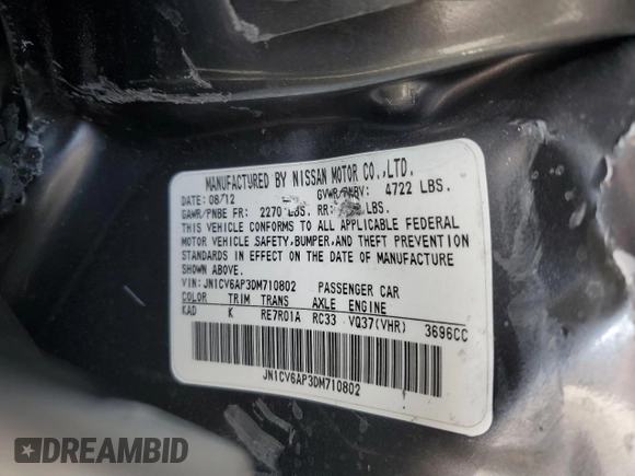 2013 Infiniti G37 Journey with VIN JN1CV6AP3DM710802, listed as a Copart auction lot 54131965 with Not provided miles and Salvage title. Bid and sale history available at DreamBid. Image 12.