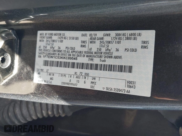 2019 Ford F-150 XL с VIN 1FTEW1C53KKC89545, выставлен на аукционе IAAI как лот 42607046 с пробегом 109 200 миль миль и . История ставок и продаж доступна на DreamBid. Изображение 9.