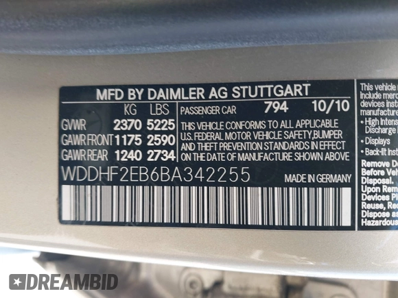 2011 Mercedes-Benz E 350 Luxury with VIN WDDHF2EB6BA342255, listed as a IAAI auction lot 42185033 with 57,757 mi miles and . Bid and sale history available at DreamBid. Image 9.
