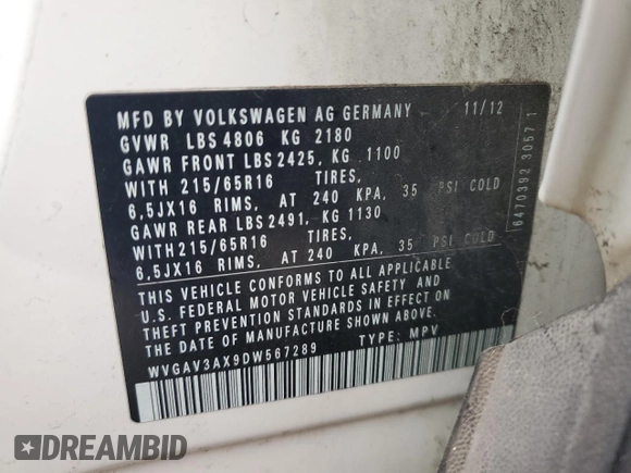 2013 Volkswagen Tiguan S with VIN WVGAV3AX9DW567289, listed as a Copart auction lot 60174115 with 157,484 mi miles and Clean title. Bid and sale history available at DreamBid. Image 12.