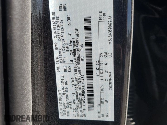 2024 Ford F-150 STX with VIN 1FTEW2LP8RFB79472, listed as a Copart auction lot 42255075 with 1,696 mi miles and Salvage Title. Bid and sale history available at carsss.com. Image 14.