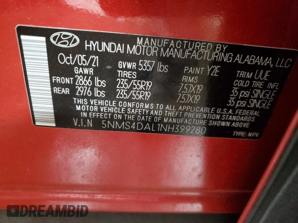 2022 Hyundai Santa Fe Limited with VIN 5NMS4DAL1NH399280, listed as a Copart auction lot 45322105 with 16,165 mi miles and Salvage Title. Bid and sale history available at carsss.com. Image 14.