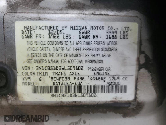 2006 Nissan Sentra S with VIN 3N1CB51D36L509102, listed as a Copart auction lot 51439545 with 351,033 mi miles and Salvage Title. Bid and sale history available at DreamBid. Image 12.