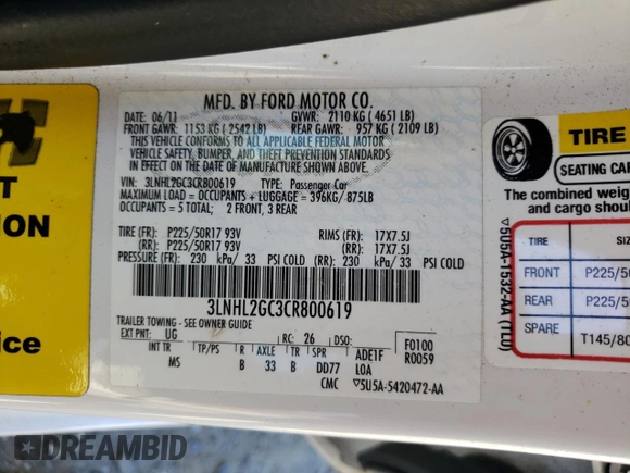 2012 Lincoln MKZ z VIN 3LNHL2GC3CR800619, wystawiony jako Copart lot #57872365 z przebiegiem 66 280 mil mil oraz Szkoda całkowita • Salvage title. Historia ofert i sprzedaży dostępna na DreamBid. Obrazek 12.