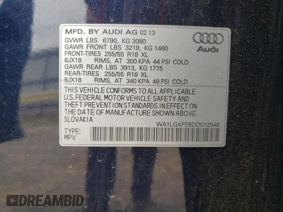 2013 Audi Q7 Premium Plus with VIN WA1LGAFE6DD012048, listed as a Copart auction lot 51781455 with 158,040 mi miles and Salvage title. Bid and sale history available at DreamBid. Image 13.