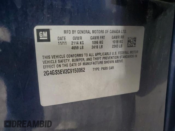 2012 Buick Regal Turbo Premium 1 with VIN 2G4GS5EV2C9150062, listed as a Copart auction lot 64058235 with 162,611 mi miles and Clean title. Bid and sale history available at DreamBid. Image 12.