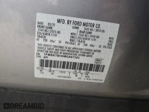 2021 Ford Explorer z VIN 1FMSK7BH0MGA67303, wystawiony jako Copart lot #51536265 z przebiegiem 58 922 mil mil oraz Szkoda całkowita • Salvage title. Historia ofert i sprzedaży dostępna na DreamBid. Obrazek 15.