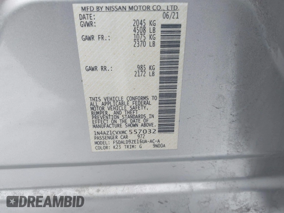 2021 Nissan LEAF SV with VIN 1N4AZ1CVXMC557032, listed as a IAAI auction lot 41544646 with 23,918 mi miles and . Bid and sale history available at DreamBid. Image 9.