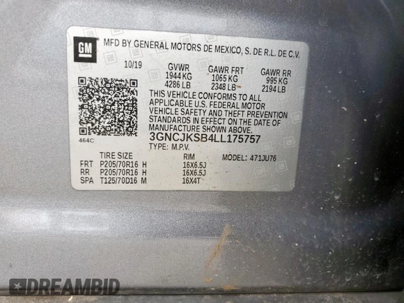 2020 Chevrolet Trax LS with VIN 3GNCJKSB4LL175757, listed as a Copart auction lot 61504935 with 83,028 mi miles and Clean title. Bid and sale history available at DreamBid. Image 13.