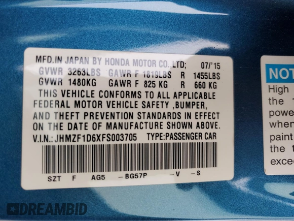2015 Honda CR-Z EX с VIN JHMZF1D6XFS003705, выставлен на аукционе Copart как лот 54626255 с пробегом 64 963 миль миль и Списание • Salvage title. История ставок и продаж доступна на DreamBid. Изображение 12.