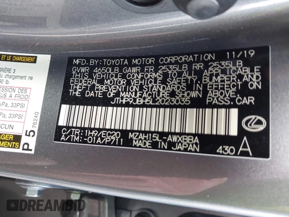 2020 Lexus UX 250h with VIN JTHP9JBH5L2023035, listed as a IAAI auction lot 41226475 with 40,901 mi miles and . Bid and sale history available at DreamBid. Image 9.