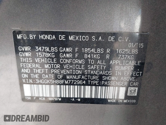 2015 Honda Fit EX-L with VIN 3HGGK5H88FM772964, listed as a IAAI auction lot 42020142 with 154,799 mi miles. Bid and sale history available at carsss.com. Image 9.