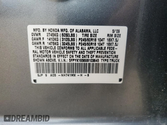 2009 Honda Ridgeline RTL z VIN 5FPYK16569B103645, wystawiony jako Copart lot #58300625 z przebiegiem 103 195 mil mil oraz Szkoda całkowita • Salvage title. Historia ofert i sprzedaży dostępna na DreamBid. Obrazek 12.