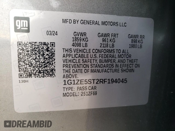 2024 Chevrolet Malibu LT with VIN 1G1ZE5ST2RF194045, listed as a Copart auction lot 47818525 with 8,756 mi miles and Salvage Title. Bid and sale history available at DreamBid. Image 14.