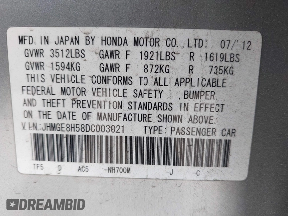 2013 Honda Fit Sport with VIN JHMGE8H58DC003021, listed as a IAAI auction lot 42120318 with 233,056 mi miles. Bid and sale history available at carsss.com. Image 9.