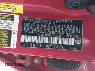 2012 Toyota Camry L with VIN 4T1BF1FKXCU569260, listed as a IAAI auction lot 41904621 with 48,521 mi miles. Bid and sale history available at carsss.com. Image 9.