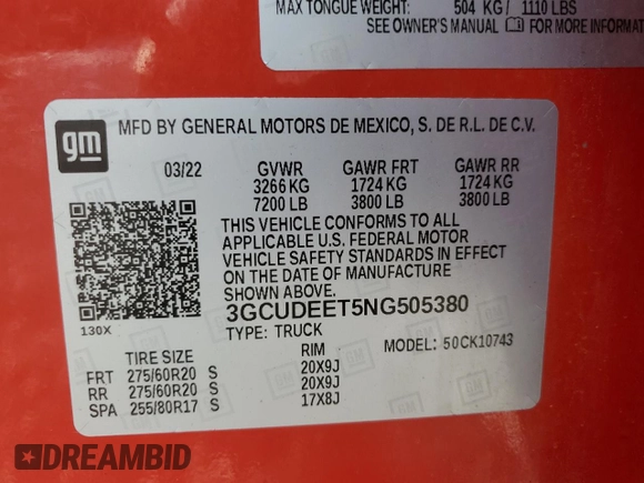 2022 Chevrolet Silverado 1500 RST with VIN 3GCUDEET5NG505380, listed as a Copart auction lot 85657504 with 78,017 mi miles and Salvage Title. Bid and sale history available at DreamBid. Image 13.