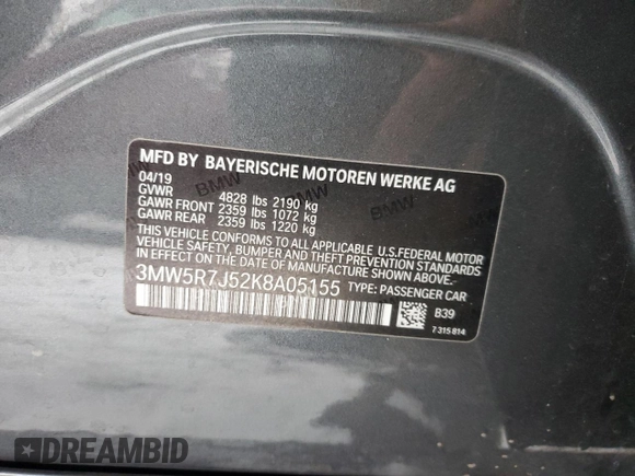 2019 BMW 3 Series 330i xDrive with VIN 3MW5R7J52K8A05155, listed as a Copart auction lot 88263325 with 97,201 mi miles and Salvage Title. Bid and sale history available at DreamBid. Image 12.