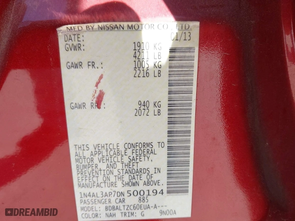 2013 Nissan Altima 2.5 S with VIN 1N4AL3AP7DN500194, listed as a IAAI auction lot 41812650 with 178,226 mi miles. Bid and sale history available at carsss.com. Image 9.