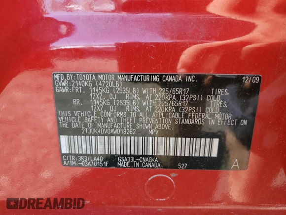 2010 Toyota RAV4 Limited with VIN 2T3DK4DV0AW018262, listed as a Copart auction lot 62106645 with 155,887 mi miles and Salvage title. Bid and sale history available at DreamBid. Image 13.