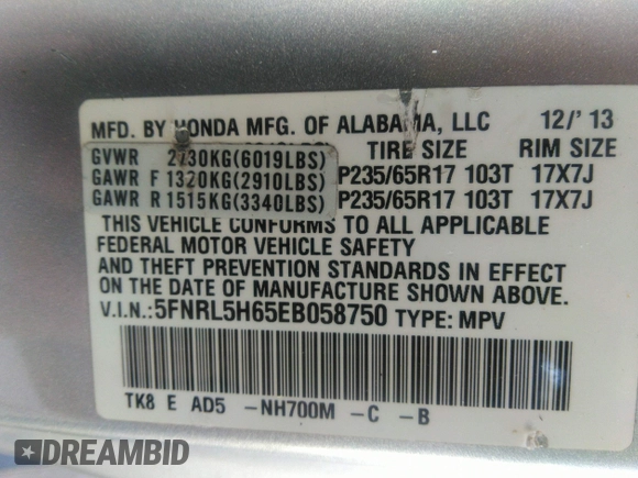 2014 Honda Odyssey EX-L with VIN 5FNRL5H65EB058750, listed as a IAAI auction lot 41853116 with 177,933 mi miles and . Bid and sale history available at carsss.com. Image 9.