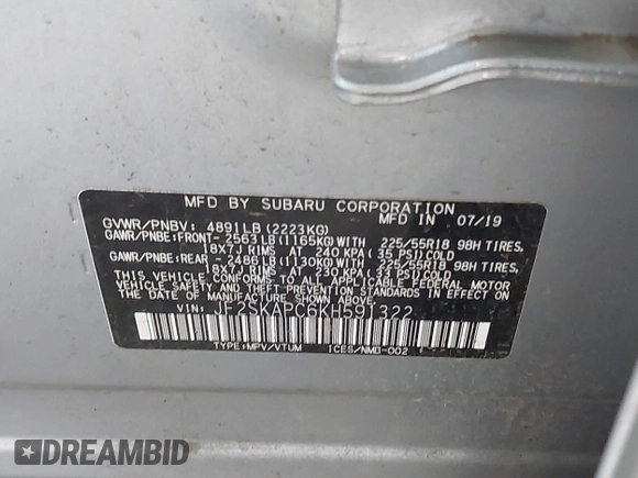 2019 Subaru Forester Sport with VIN JF2SKAPC6KH591322, listed as a IAAI auction lot 41981902 with 47,643 mi miles. Bid and sale history available at carsss.com. Image 9.
