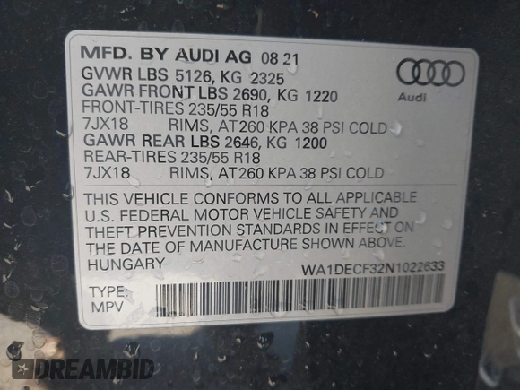 2022 Audi Q3 S line Premium with VIN WA1DECF32N1022633, listed as a IAAI auction lot 42141243 with 41,599 mi miles and . Bid and sale history available at DreamBid. Image 9.